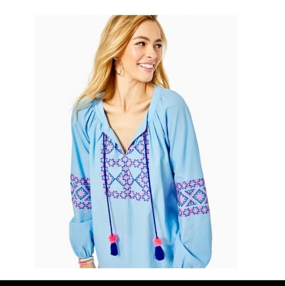 Lilly Pulitzer Cecile Zanzibar Blue Embroidered Long Sleeve Tunic Top Medium NWT - Picture 4 of 8